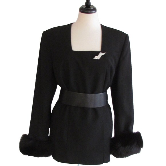 Vintage Designer Solini New York Black Square Neck Fox Fur Cuffs Jacket 16.R - Picture 10 of 16